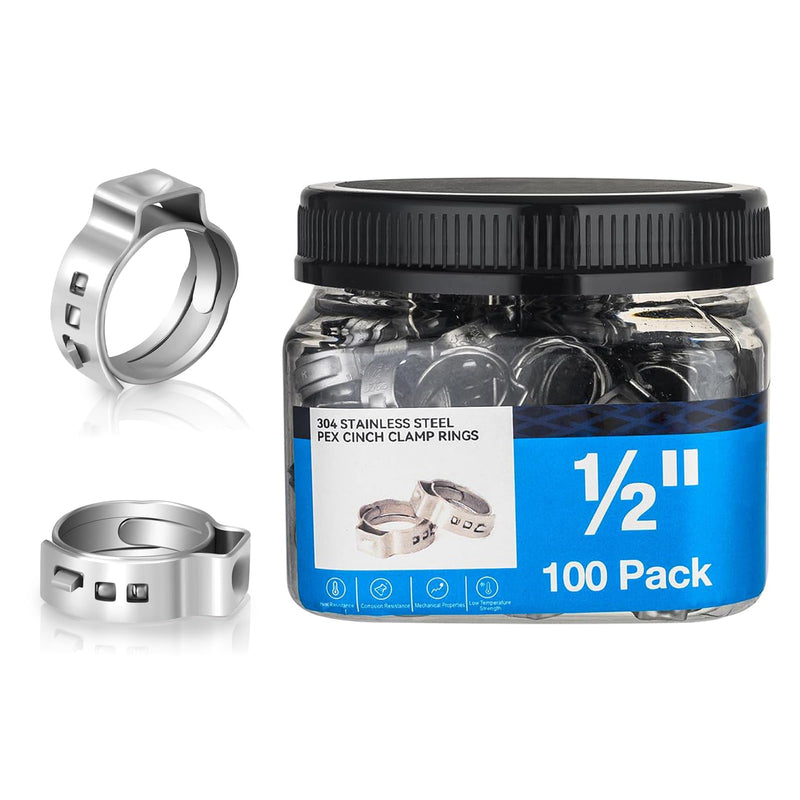 100PCs 1/2 Inch PEX Cinch Clamp Rings, 304 Stainless Steel Pex Crimp Rings for PEX Tubing, Single Ear Hose Clamps, Pipe Fitting Connections 100