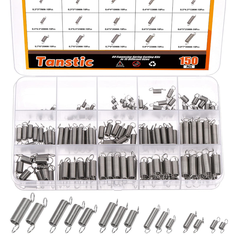 Tanstic 150Pcs 15 Sizes Extension Spring Assortment Kit Extension Spring Assorted Size Small Springs Stainless Steel Extension Spring for Home Repairs and DIY 150