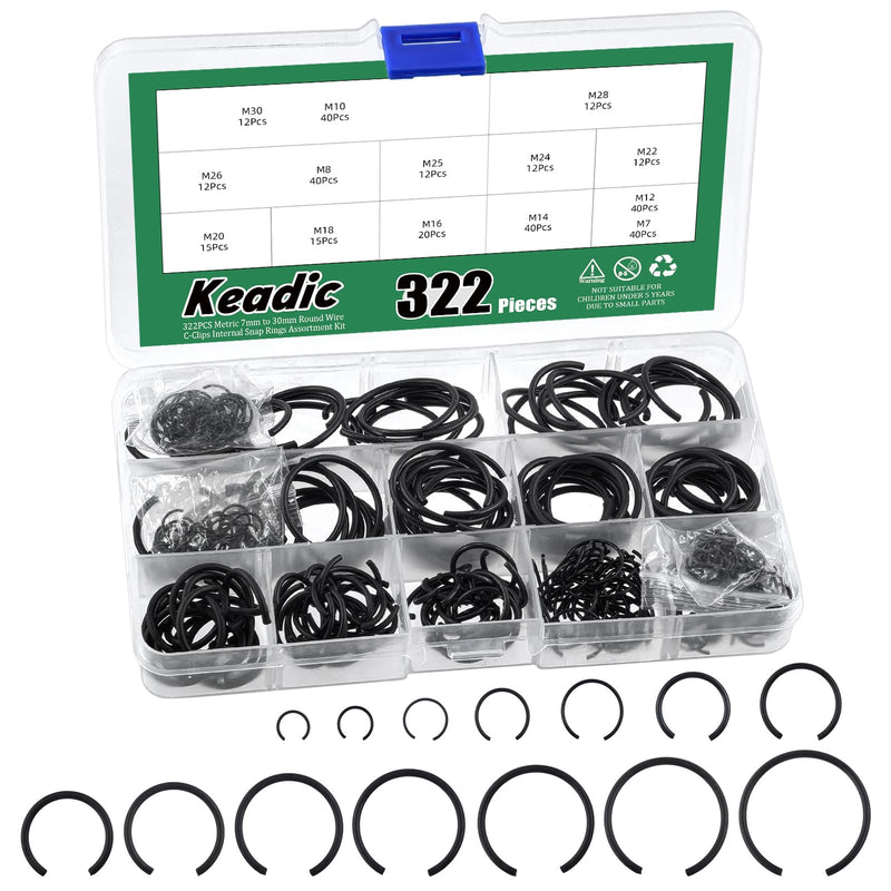 Keadic 322Pcs 10 Sizes Assorted 65Mn Steel Round Wire C Clips External Retaining Rings Set, M7 M8 M10 M12 M14 M16 M18 M20 M22 M24 M25 M26 M28 M30 C-Clips Snap Rings for Holes