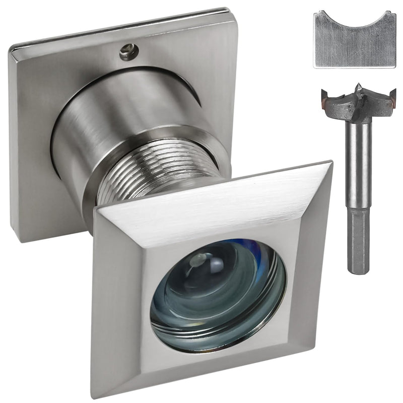 Earl Diamond Solid Brass Square HD 220 Degree Door Viewer Peephole with 28mm Drill Bit and Privacy Cover, Compatible with Door Thick from 1-21/32" to 2-1/8", Satin Nickel