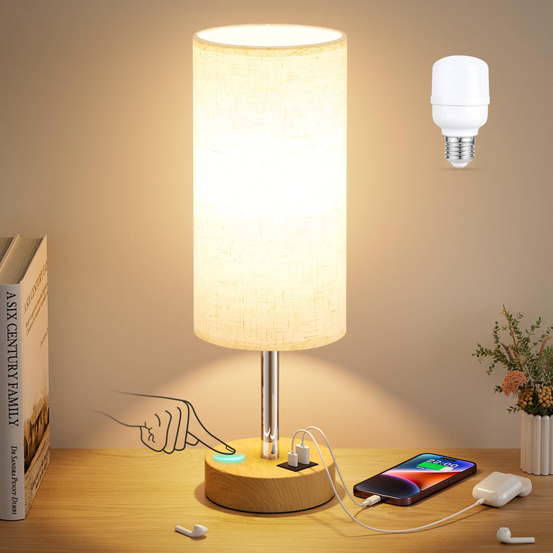 Touch Bedside Table Lamp with USB - 3 Way Dimmable Wood Lamp for Bedroom Nightstand, Desk Lamp with Charging Station for Dorm, Living Room, Office, Kids Room, Nursery, Small Cream & Wooden