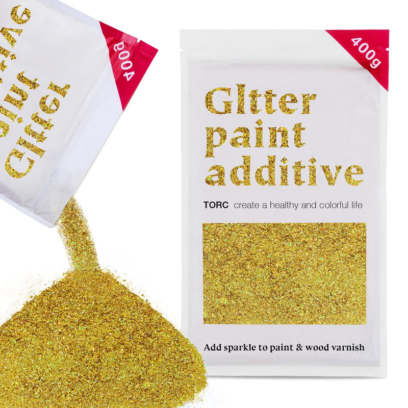 TORC Glitter Paint Additive Glitter Holographic Gold Glitter Crystals for Acrylic Paint, Interior & Exterior Walls, Wood, Varnish, Furniture, Craft, Matte, Gloss, Satin, Silk, Mixed Size 400g/14oz 14 Ounce (Pack of 1)
