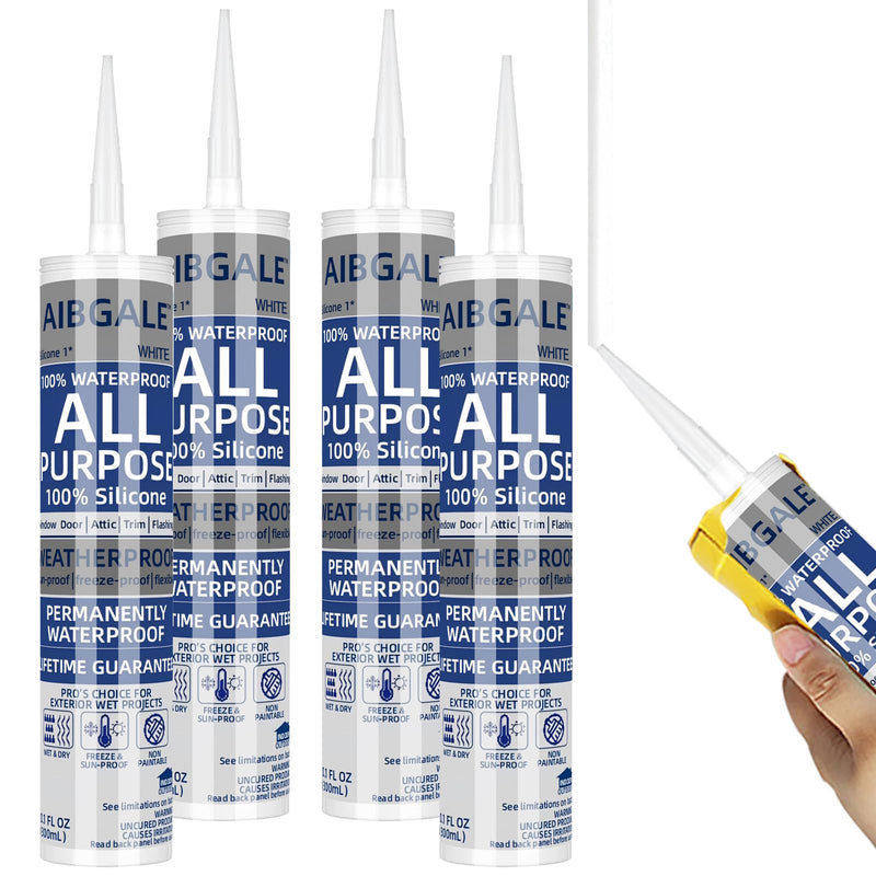 4 Pack of White Silicone Sealant Waterproof, All-Purpose 100% Silicone Caulk, Adhesive Caulking Sealant Tool for Indoor & Outdoor Windows, Aquarium, Bathtub Auto Leak Seal, 10.1 oz Cartridge (4) 4