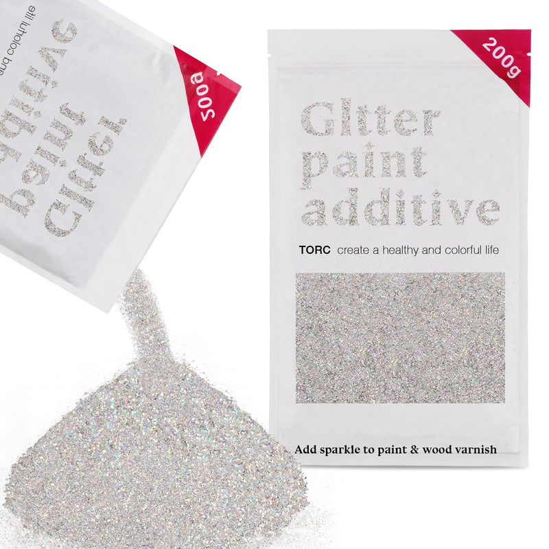 TORC Glitter Paint Additive Glitter Holographic Silver Glitter Crystals for Acrylic Paint, Interior & Exterior Walls, Wood, Varnish, Furniture, Craft, Matte, Gloss, Satin, Silk, Mixed Size 200g/7oz 7 Ounce (Pack of 1)