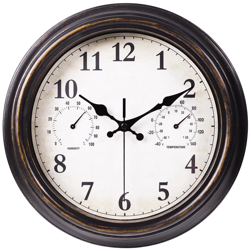 JoFomp Outdoor Clocks for Patio, Large 16 inch Outside Wall Clock Waterproof with Thermometer and Hygrometer Combo, Round Silent Battery Operated Wall Clock for Home, Pool, Garden Bronze