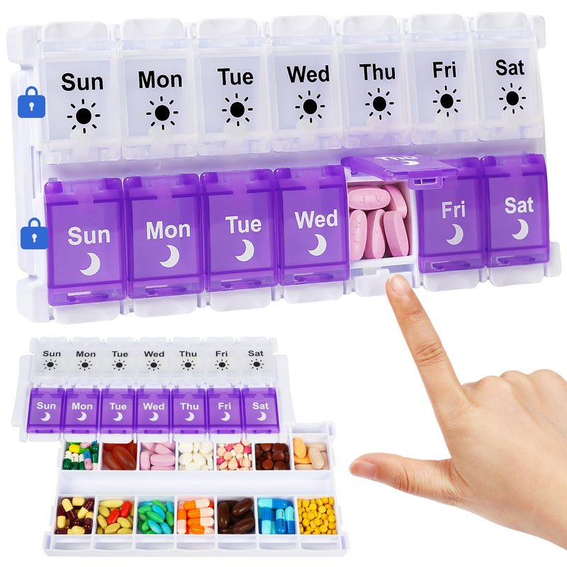 Shintop Am Pm Pill Organizer 7 Day, Push Button Weekly Pill Box 2 Times Removable Lid Medication Case Easy Fill Day Night Vitamin Container for Fish Oil Supplements (Purple & White) Purple & White