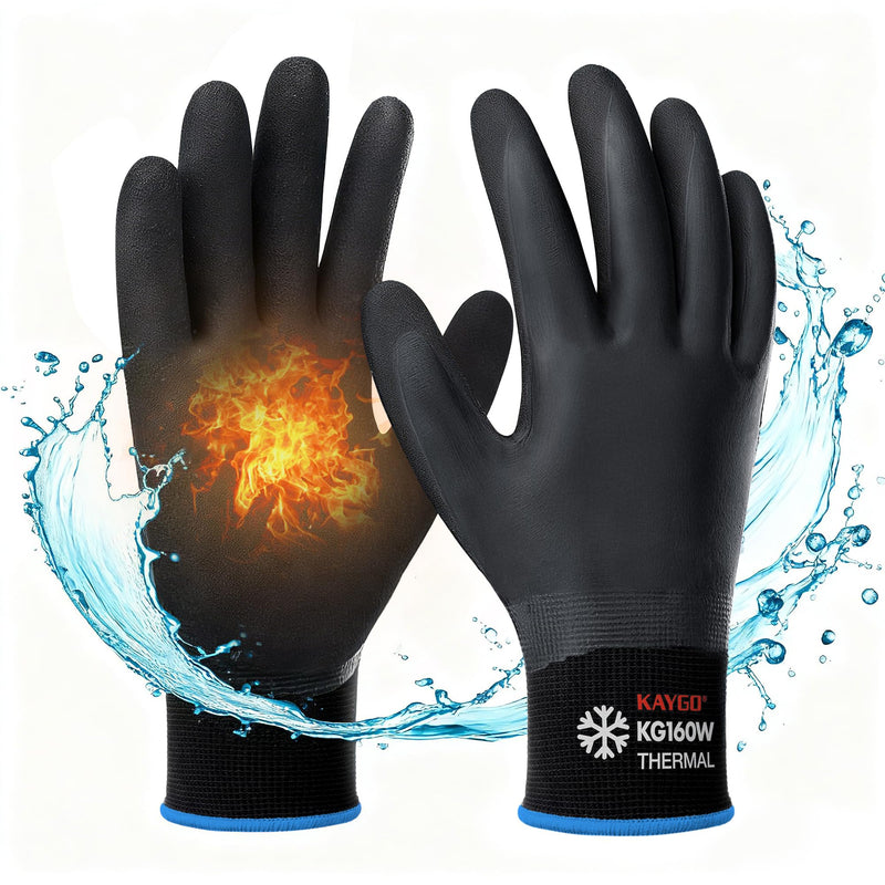 KAYGO Winter Waterproof Work Gloves for Men and Women, 3 Pairs Thermal Insulated Freezer Rubber Coated Gloves,Super Grip,KG160 (M, Black) Black-thermal Medium (Pack of 3)