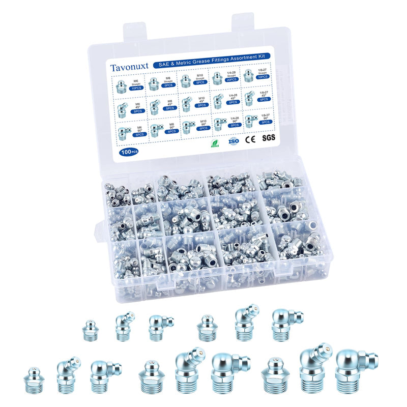 100 PCS SAE & Metric Grease Fittings Kit - Hydraulic Zerk Assortment 1/4" 1/8" M6 M8 M10 with Straight, 45°, and 90° Degree Heads for Automotive and Industrial Use, Galvanized Steel Set 100 PCS KIT