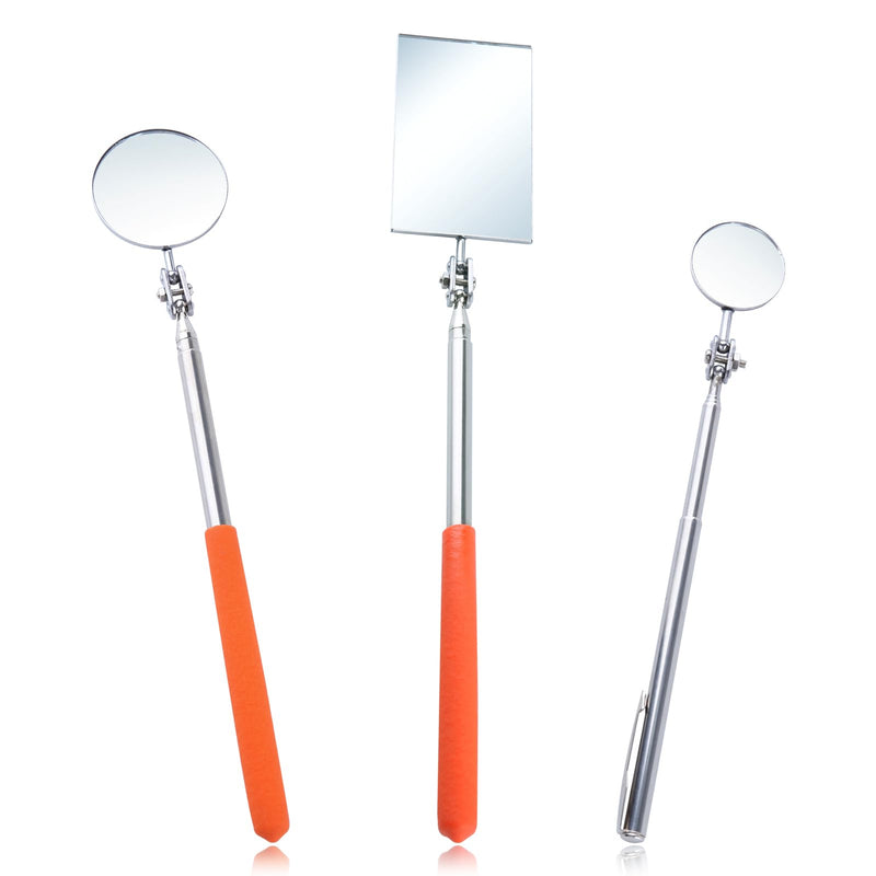 3Pack Telescoping Auto Inspection Mirror Set Mirror Stick Extendable Mirror on a Stick Mechanic Mirror with Long Handle 360°Inspection Mirror Telescoping Swivel Head,Round Rectangular