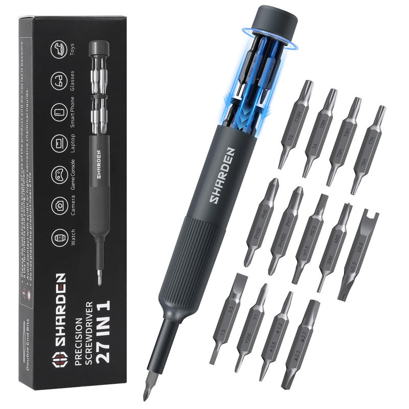 Sharden 27-in-1 Precision Screwdriver Set Multi Bit Small Screwdriver Magnetic Mini Screwdriver Set Pen Style Manual Repair Tool Kit for Eyeglass, Watch, Computer, Jewelers, Laptop, Electronics, Phone Grey
