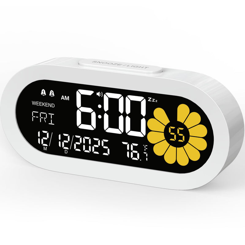 DOOMAY Digital Alarm Clock for Bedroom: Dual Alarm Bedside Clock VA LCD Display with Seconds, 9-Minute Snooze and Weekend Mode, 3 Brightness, 4 Alarms and 3 Volume Levels，Type C & Battery Included White
