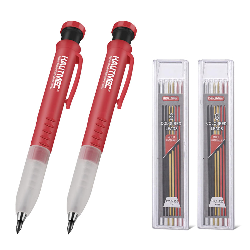 HAUTMEC 2 Pcs 3-in-1 Carpenter Pencils with Removable Finger Grip, Built-in Sharpener and 7 Leads (3 Colors), Mechanical Construction Pencil for Deep Marking Scribing, Pro Tracer Pencil, HT0293-2 2PC