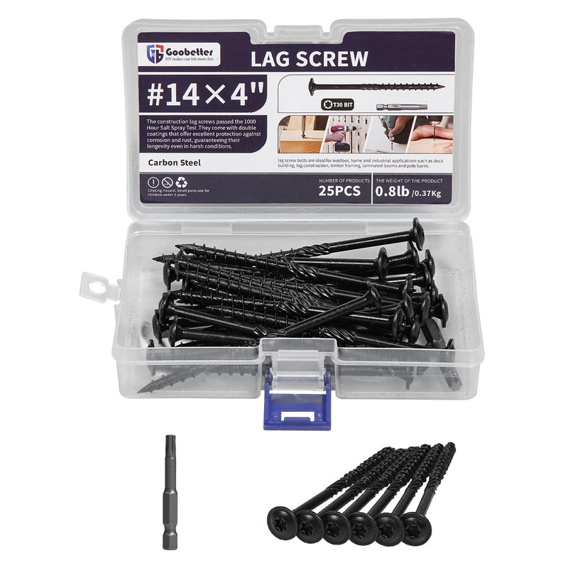 Lag Screws 4 Inch, 25PCS Heavy Duty Construction Screw, Structural Wood Screw #14 x 4, Rust Resistant, Washer Head, Black Coated Exterior Wood/Lag Screws Hex Socket #14 x 4" (Torx Head) 25