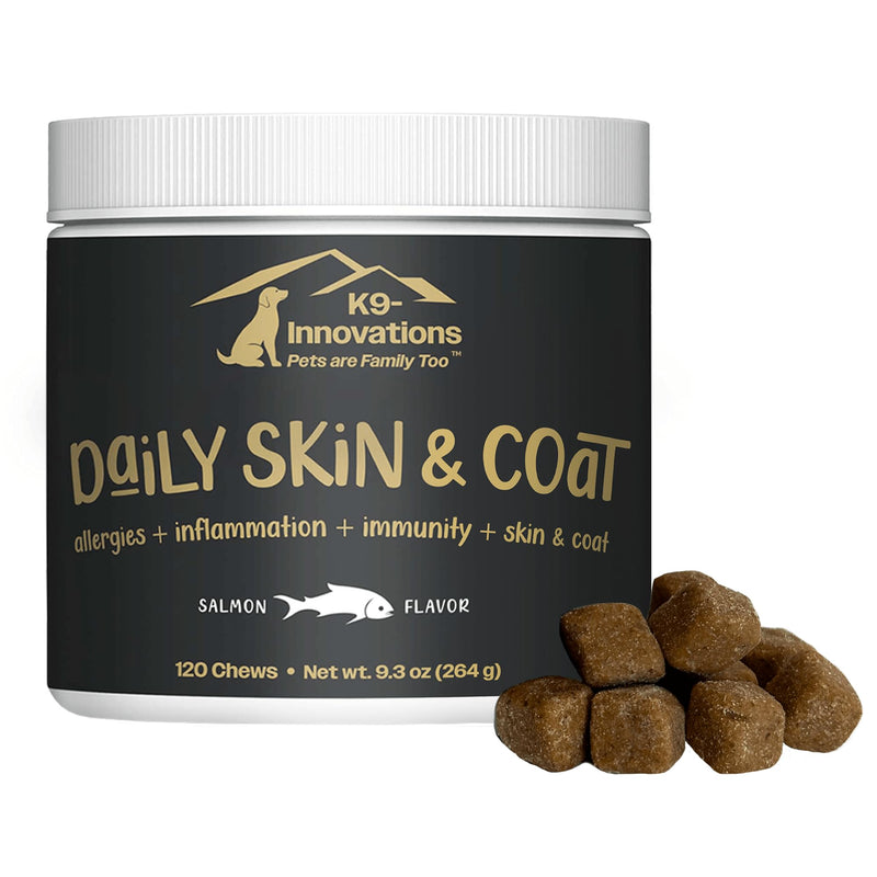K9-Innovations - Daily Skin & Coat Dog Chews Salmon Flavor - Reduce Itching & Paw Chewing, Omega 3 & VIT C for Skin Health - 1-4 Month Supply (120qty) - NewNest Australia