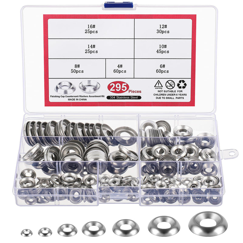 295 Pcs Finish Washers #4#6#8#10#12#14#16 Countersunk Washers Cup Washer Assortment Stainless Steel Finishing Washers, 7 Sizes
