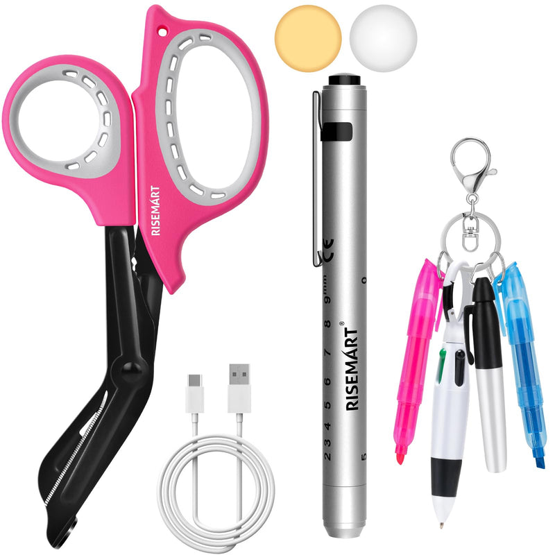 Rechargeable Pen light & Medical Scissors for Nurse -7.5"Trauma Shears Warm/white Penlight with Pupil Gauge,with 4 Pen Set for Nurse,Nursing Student, Doctor #Pink Bandage Scissors +Silver Pen Light Pink Bandage Scissors +Silver Pen Light