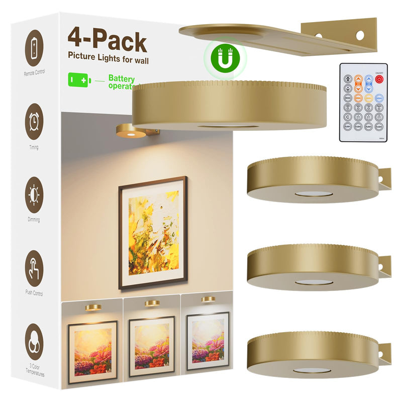 Picture Lights for Wall Battery Operated,4-Pack Magnetic Battery Operated Picture Light,Dimmable Timer Wall Lights for Pictures on Wall,Art Light for Picture Frame,Gallery,Portrait,Puck Lights, Gold 4-Pack