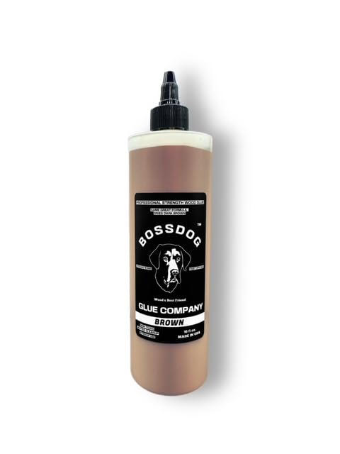 BOSSDOG Brown Wood Glue 16 fl oz. Strong Bond, Fast Drying, Cutting Board Safe, Dries Dark Brown, Carpentry Projects, DIY Home Repair, Woodworking, Furniture Repair. Made by a Maker, for Makers