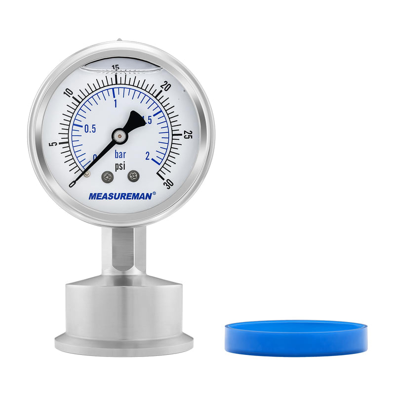 MEASUREMAN Stainless Steel Sanitary Pressure Gauge, 2.5” Dial, 0-30 PSI Range, Glycerin Filled, 1.5” Tri Clamp Bottom Mount 2.5",0-30 psi/bar Lower Mount
