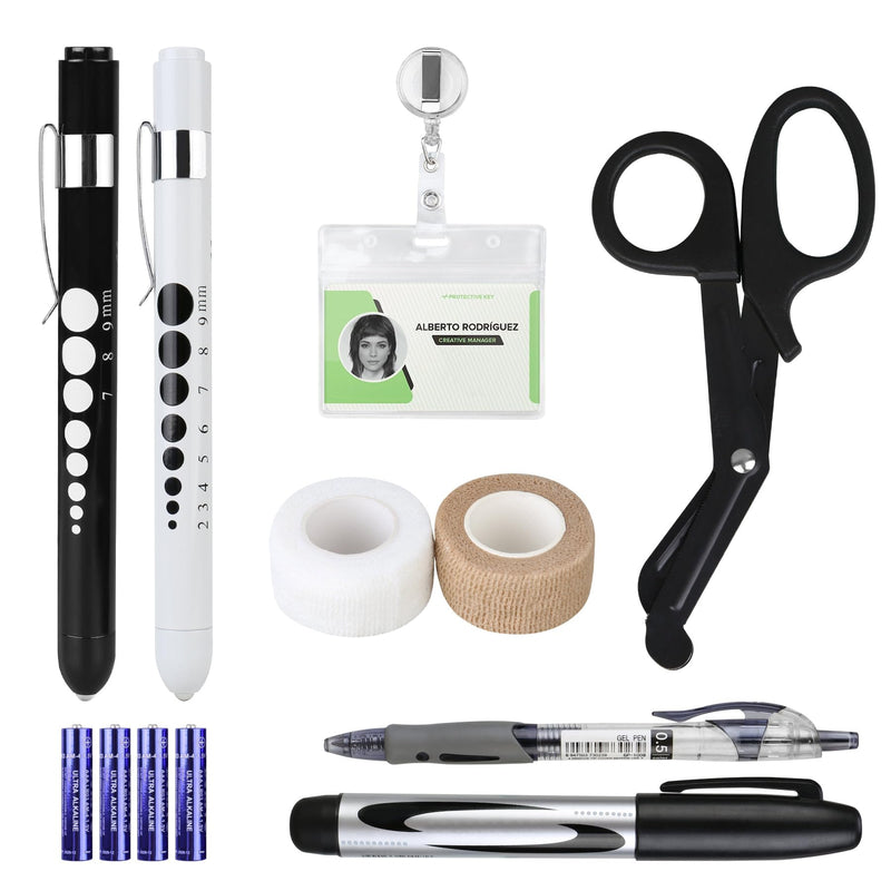 BOVKE 12 Pcs Nurse Tools Set, Medical Supplies Nurse Accessories for Work Includes Medical Scissors, 2 Penlights with Batteries, Bandage Wraps, Name Card Holder Nursing School Essentials, Black
