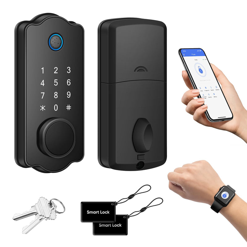 Fingerprint Smart Door Lock, Keyless Entry Deadbolt, Electronic Biometric Deadbolt with Phone/Watch App Control, Auto Lock with Touchscreen Keypad for Bedroom, Front Door, 7 Ways to Unlock without handle