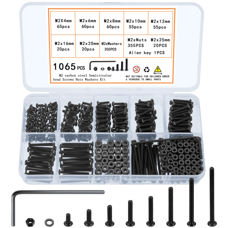 1065 Pcs M2 Screw Assortment, M2 Bolts and Nuts Kit, M2 Hex Socket Button Head Cap Screws and Nuts and Washers Set, Metric Machine Screw Assortment Kit (1065, M2) 1065
