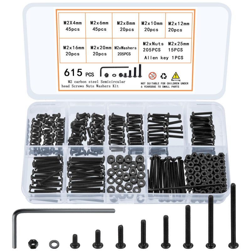 615 Pcs M2 Screw Assortment, M2 Bolts and Nuts Kit, M2 Hex Socket Button Head Cap Screws and Nuts and Washers Set, Metric Machine Screw Assortment Kit, Small Black Assorted Screws Nuts 615