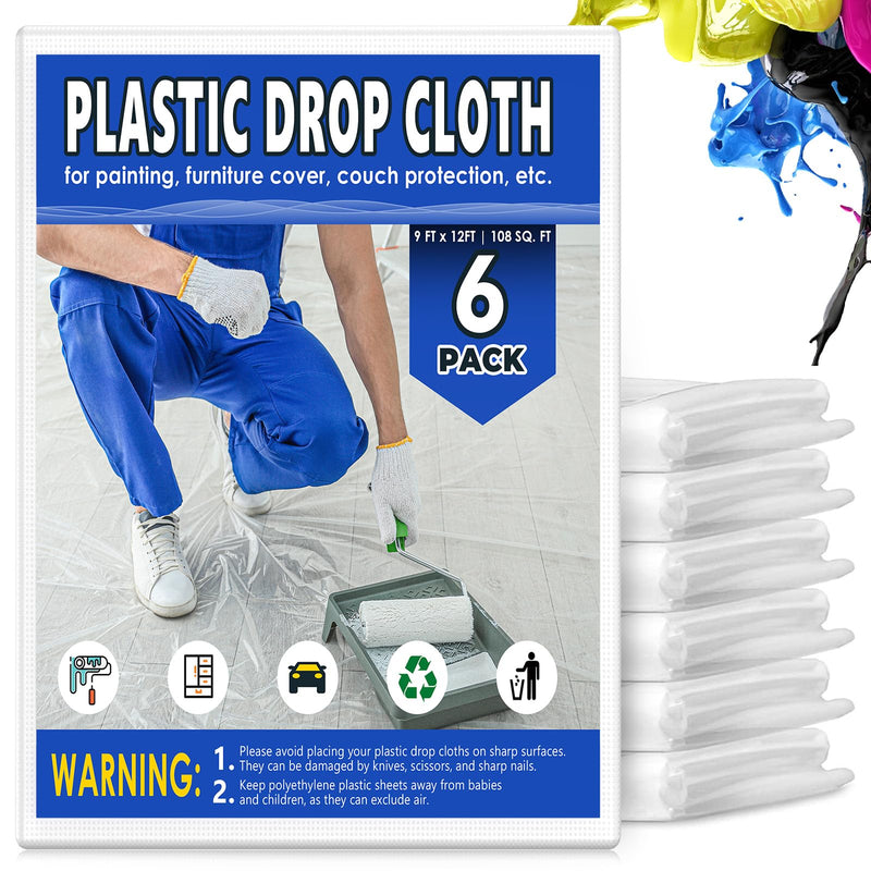 6Pcs 9x12 Ft Extra Large Plastic Drop Cloths, Waterproof & Dust-Proof Tarp for Painting, Disposable Sheeting for Furniture, Floor, and Couch Protection - Durable Painter’s Cover 6 PCS