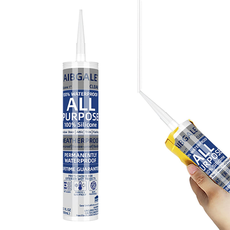 Clear Silicone Sealant, All-Purpose 100% Waterproof Silicone Caulk, Adhesive Caulking Tool for Indoor & Outdoor Windows, Aquarium, Bathroom Auto Leak Seal, 10.1 oz Cartridge, 1 Packs (1)