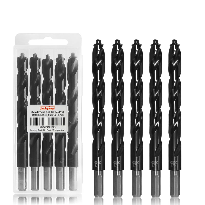 Luckyway 1/2" M35 Cobalt Drill Bits Titanium Aluminum Nitride Coated (TiAlN) with Bullet Point Tip Perfect for Steel, Hard Metal, Cast Iron 5-Piece