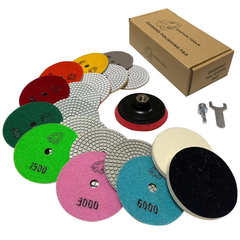 Diamond Polishing Pads 4 Inch Wet Dry Set 13 Pieces for Concrete Marble Quartz Stone Countertop Granite Polishing and Sanding disc Include 5/8"-11thread Backer pad and Drill Adapter