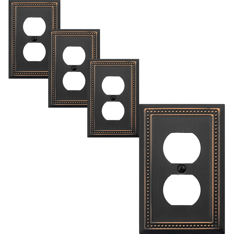 Single Duplex Outlet Light Switch Cover Belaire Beaded Metal Wall Plate, 4-Pack Aged Bronze 1 Gang, Oil Rubbed Bronze Receptacle Light Switch, Switch Cover Decorative Wallplate, Durable 1 Duplex