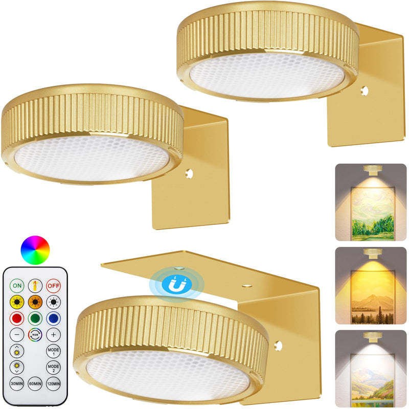 RGB Magnetic Suction Spotlight - Battery-Powered, Wireless, Remote Control with Adjustable Timer for Art Displays and Galleries 3 Pack Gold - NewNest Australia