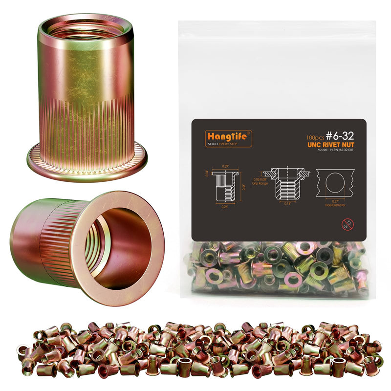 Rivet Nut, #6-32 UNC SAE Rivnut - Flat Head Nutserts, Zinc-Plated Carbon Steel Knurled Body Threaded Insert Nuts, 100 Pieces #6-32(100pcs)