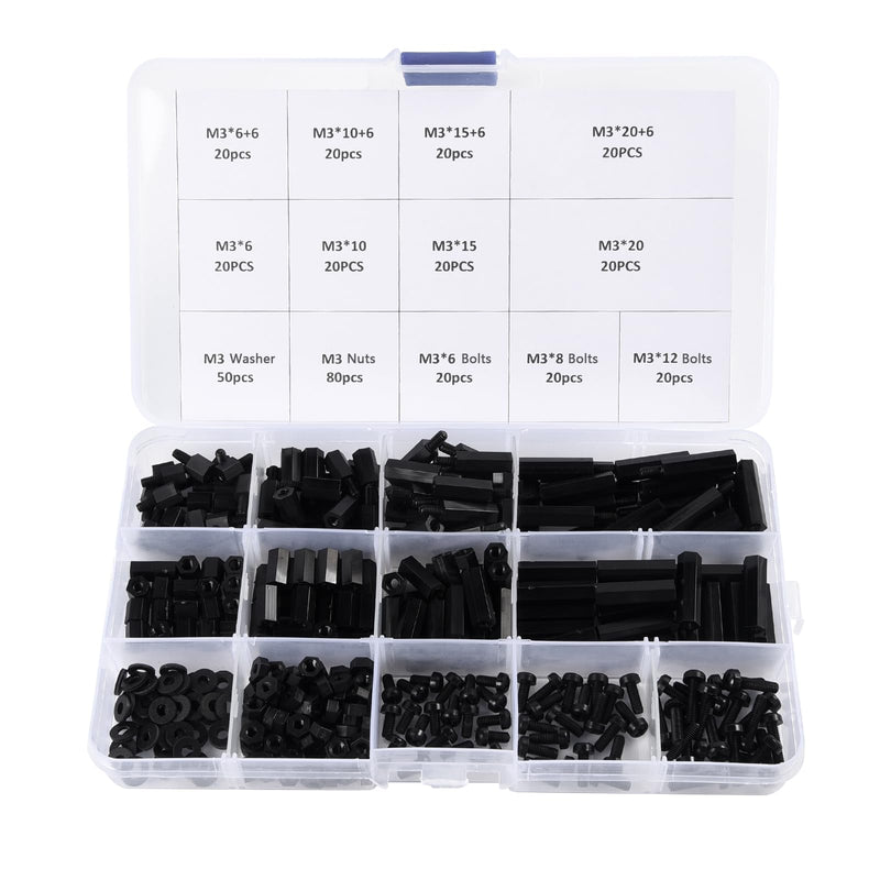 350Pcs M3 Male Female Nylon Hex Spacer Standoff Screws Nuts Motherboard Standoffs and Screws Assortment Kit Threaded Pillar for PCB Motherboard Circuit Board Black 350pcs M3