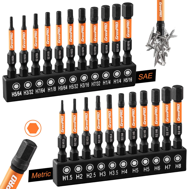Allen Wrench Drill Bit Set 22pcs Hex Bit Set，Impact Driver Bit Set，Screwdriver Bit Set，Allen Wrenches Sets，Allen Socket Set，2" Long Metric&SAE 1/4" Hex Shank Magnetic Allen Key Drill Bits Sets 2" 22pcs(Metric&SAE)