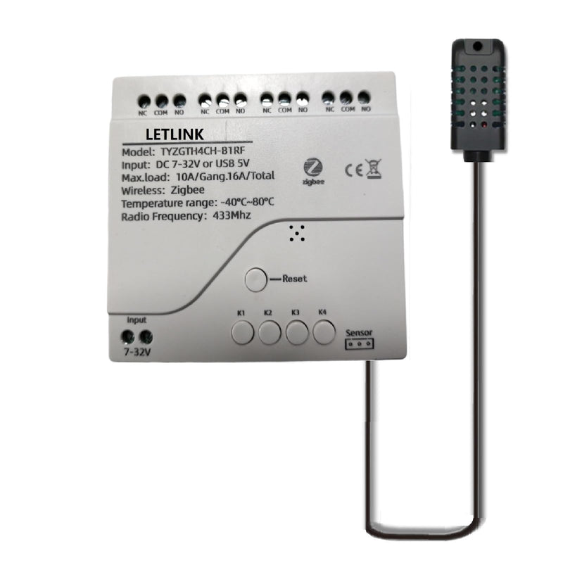 4CH Zigbee Temperature & Humidity Controller Wireless Relay, USB 5V or DC 7-32V Input, Extendable Probe Sensor, -20°C-80°C,Tuya App Remote (DC 7-32V)