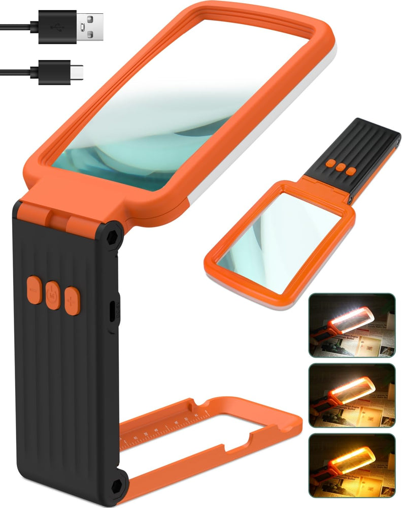 15X Magnifying Glass with Light and Stand, Rechargeable Folding Handheld Real Glass Magnifier, 3 Color Modes Dimmable Lighted Page Magnifier for Reading Small Prints, Seniors with Macular Degeneration Orange-back 15X