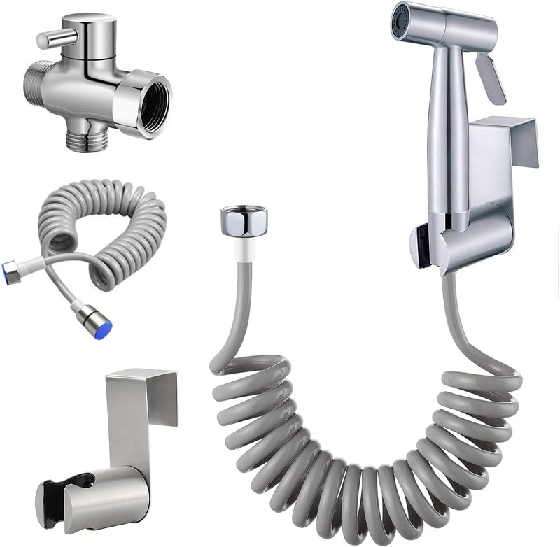Handheld Bidet Sprayer for Toilet Kit,Stainless Steel Muslim Shower Toilet Bidet Faucets Attachment Set with T-Valve,Adjustable Water Pressure,Toilet Hose Sprayer,Cloth Diaper Spraye for Baby Wash Silver set