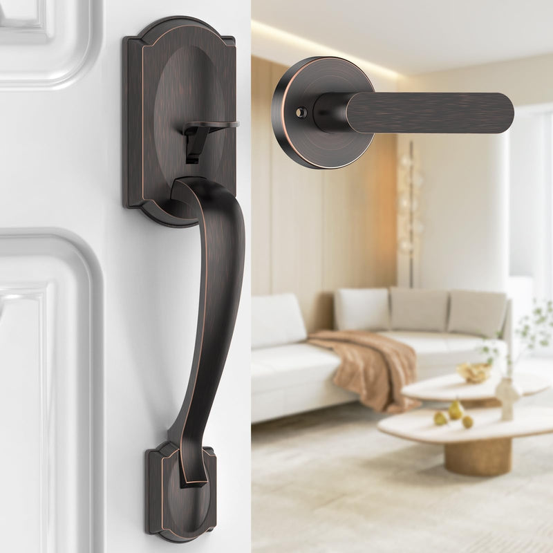 Front Door Handle No Lock, Entry Door Handle Exterior with Interior Reversible Handle Lever, Lower Half Grip, Single Cylinder, Door Handle Sets for Right Left Handed Door, Oil Rubbed Bronze