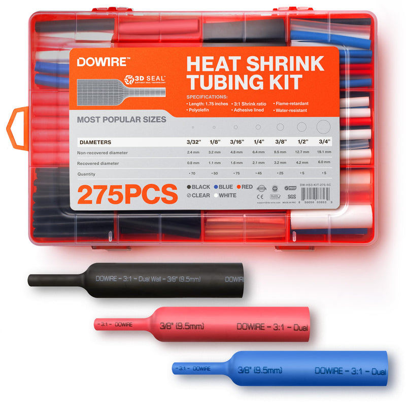 Heat Shrink Tubing Kit - 3:1 Ratio - Adhesive Lined - Wire Shrink Wrap Tubing - Waterproof Marine Grade Shrink Tube - 275 PCS - Black, Red, Blue, White, Clear 1 Kit Kit - Black, Red, Blue, White, Clear