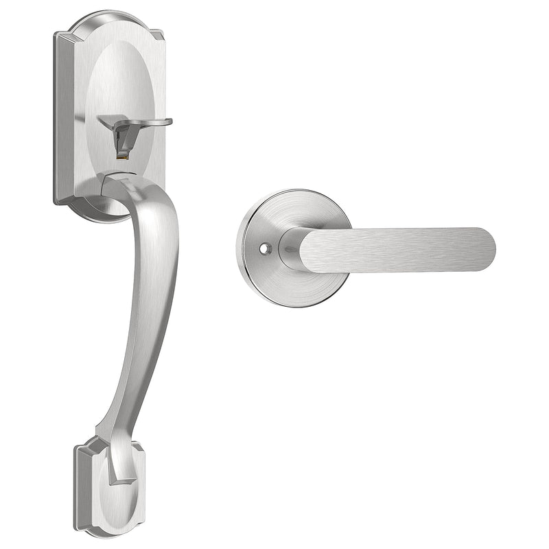Front Door Handle No Lock, Entry Door Handle Exterior with Interior Reversible Handle Lever, Lower Half Grip, Single Cylinder, Door Handle Sets for Right or Left Handed Door, Satin Nickel