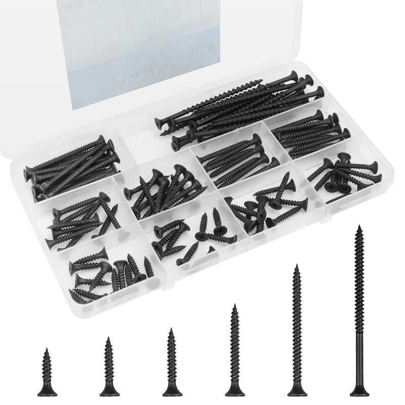 Drywall Screws Assortment Kit, Wood Screws for Drywall,108 PCS Coarse Thread, Phillips Drive Screws Set, Self Tapping Dry Wall Screws Assortment, 6 Sizes(3”,2”,1-1/2”,1-1/4”,1”,3/4”) (Black) Black