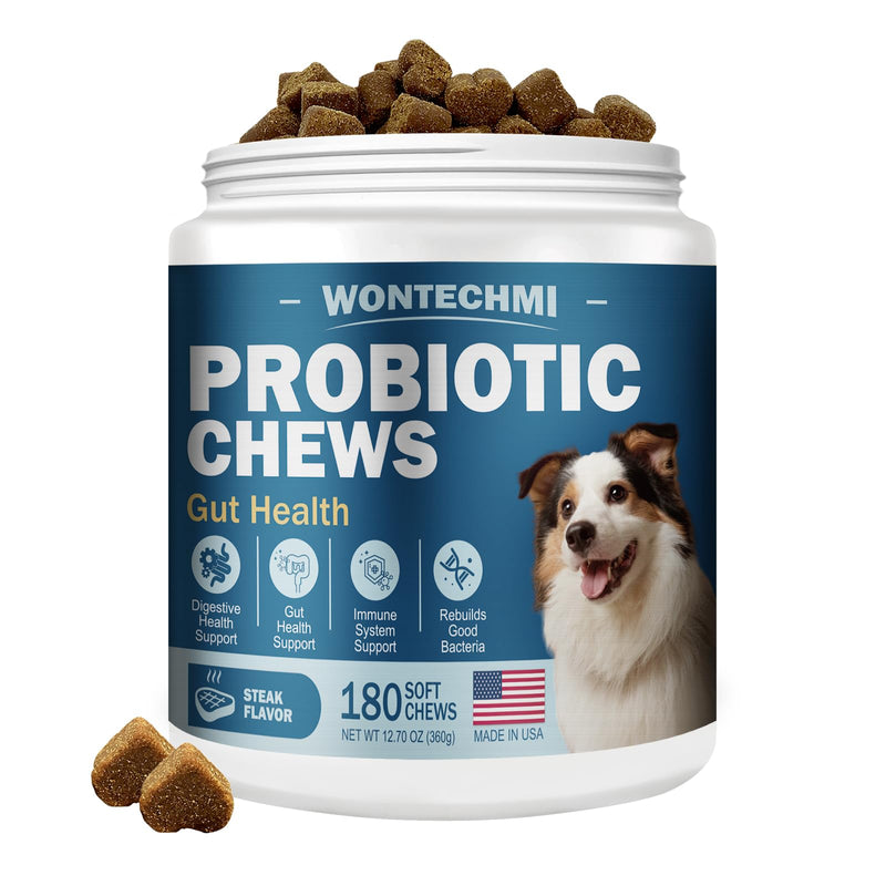 Probiotics for Dogs, Improve Itchy Skin Itchy Ears, Gut Health, Yeast Balance, Allergies, Immunity, Dog Probiotics and Digestive Enzymes with Prebiotics, Reduce Diarrhea (180 Chews, Steak) 180 Chews