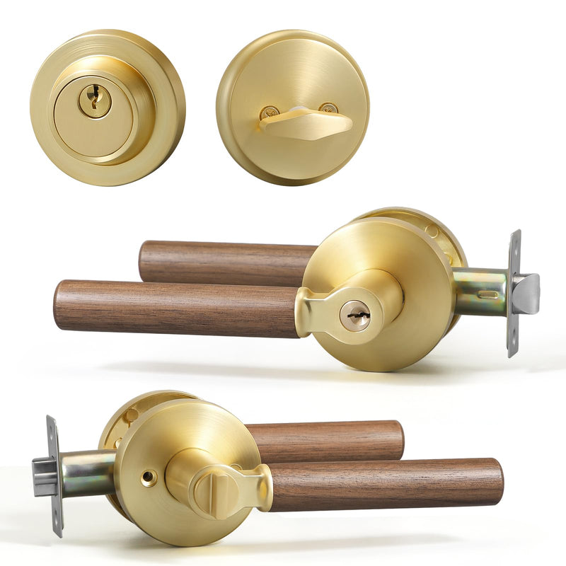 YAGU Wooden Round Entry Lever Door Handle and Single Cylinder Deadbolt Locking Lever Handle Set Pack of 1 [Front Door or Office] Right & Left Sided Doors Heavy Duty – Satin Brass Finish 1 Pack Entry & Deadbolt Combo