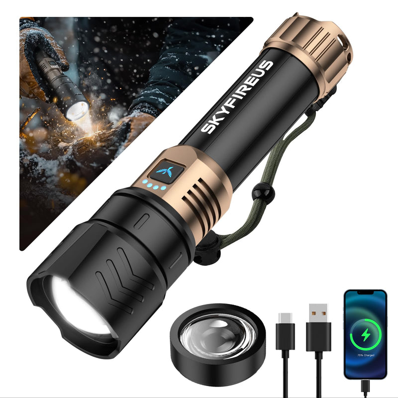 SKYFIRE LED Flashlights High Lumens with Ignition Lens,2000lm Super Bright Rechargeable Flashlight, Zoomable,Four Modes,Waterproof Tactical Flash Light for Camping Essentials,Outdoor and Home,Gift Rechargeable Flashlight-Black & Gold with Ignition Lens