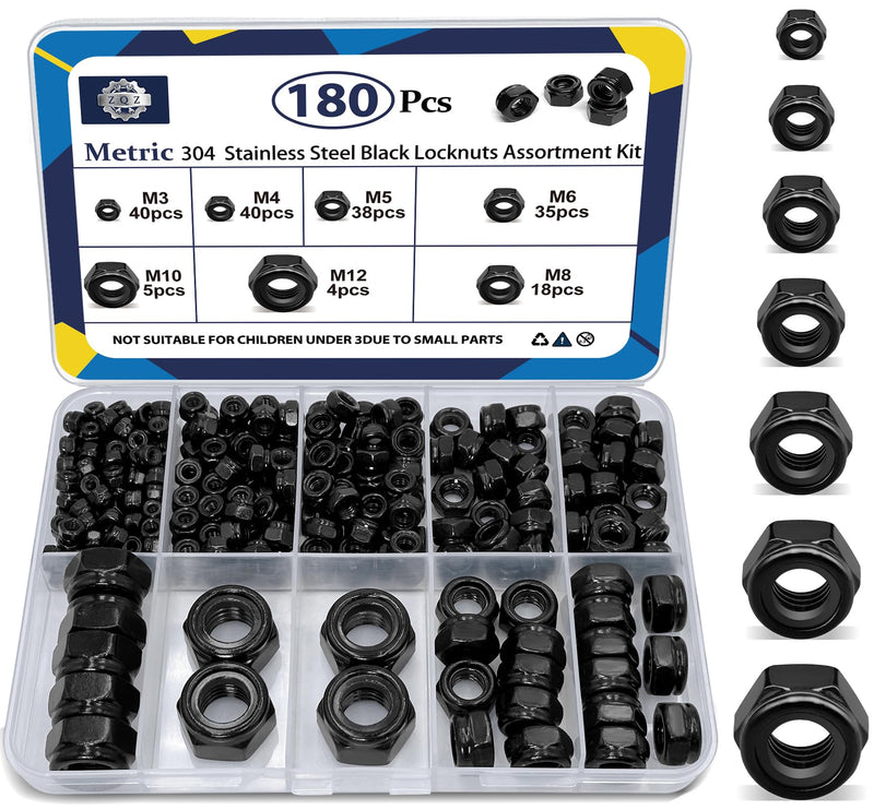 ZQZ 180 Pack Black Locknuts Assortment Kit, M3 M4 M5 M6 M8 M10 M12 Metric Black Nylon Insert Lock Nuts Set, 304 Stainless Steel Standard Threaded Black Nylock Nuts 180 Pack;Metric Locknuts