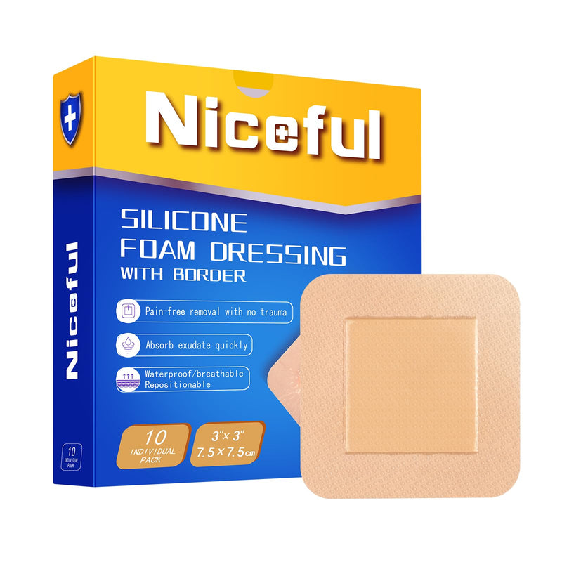 Silicone Foam Dressing with Gentle Adhesive Border 3"x 3" (Pack of 10)，High Absorbency Waterproof Silicone Wound Bandage for Large Foam Bandages for Pressure Sores Leg Ulcer，HSA FSA Eligible 3"x3" 10PCS - NewNest Australia