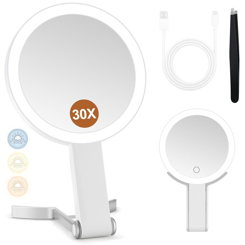 MIYADIVA Magnifying Mirror with Light, Double Sided 30X/1X Lighted Travel Makeup Mirror with Magnification, 3 Color Lighting, Dimmable Touch Screen, Adjustable & Foldable Hand Mirror (White) White