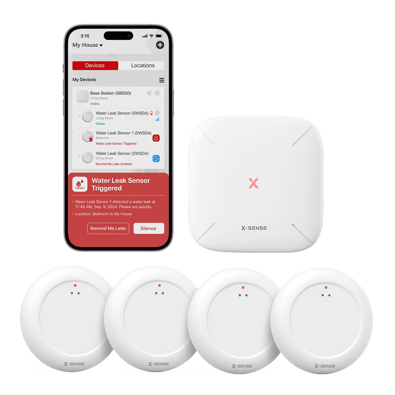 X-Sense Wi-Fi Water Leak Detector Kit, Smart Water Sensor Alarm with App Alerts and Ultra-Slim Design, Water Alarm Leak Detector for Basements, 4 Water Sensors and 1 Base Station, Model SWS0A41 4 Water Detectors With Base Station